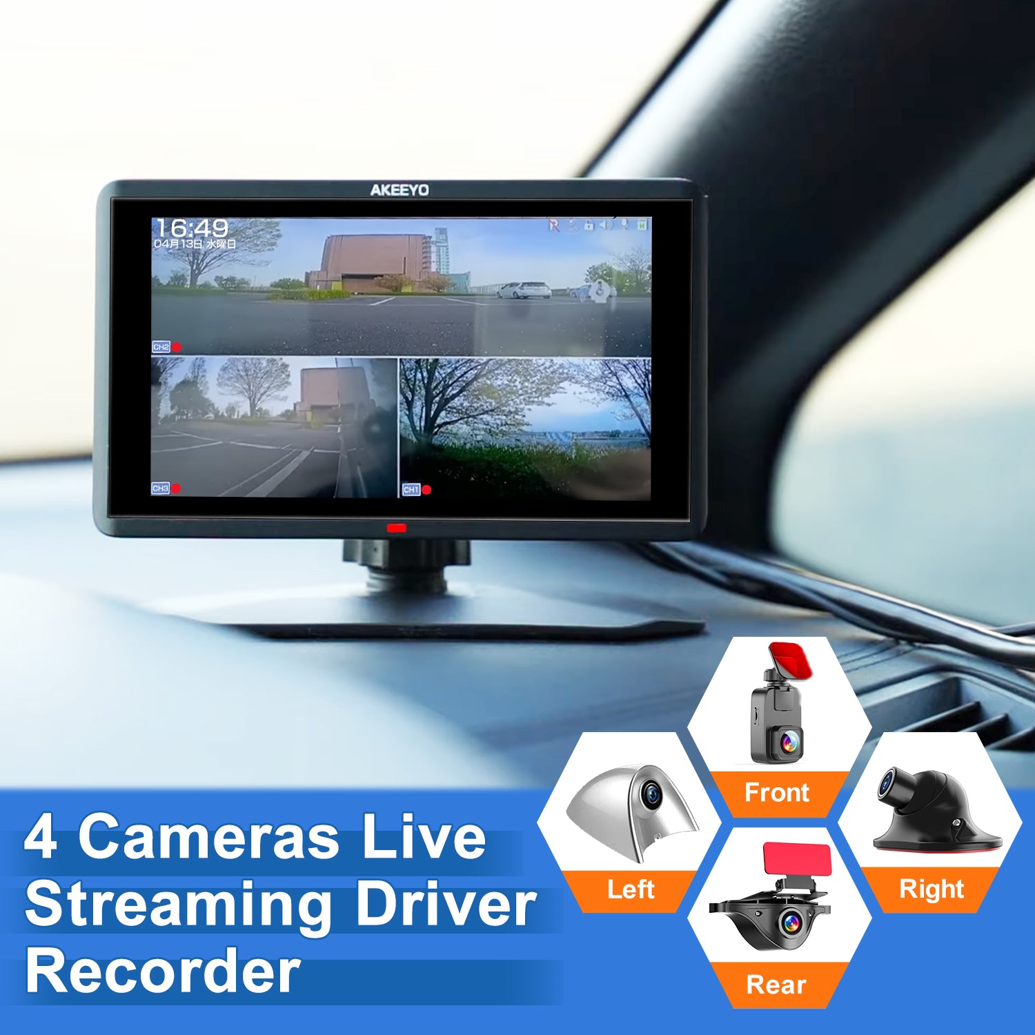 4 Channels Surround View Dashcam, Front + rear + left + right side